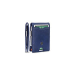 TRAVANDO AUSTIN - portafolios delgada para hombre con clip para dinero, bloqueo RFID, soporte para tarjetas de crédito plegable para hombre con caja de regalo, Azul y metal