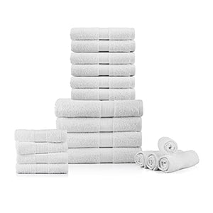 Juego de toallas de 18 piezas, 100% algodón, altamente absorbentes, ultra suaves de alta calidad para spa y hotel, color blanco (4 toallas de baño, 6 toallas de mano, 8 toallitas para la cara).