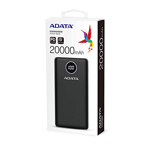 ADATA Powerbank Batería Portátil Recargable P20000QCD Power Bank de 20,000 mAh (74Wh), Color Negro (AP20000QCD-DGT-CBK), Tecnologías de Carga Rápida Qualcomm QC 3.0 / USB PD 3.0