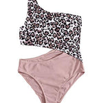 Traje de baño de una pieza para mujer, con un hombro recortado, monokini, rosa (Leopard PINK), L