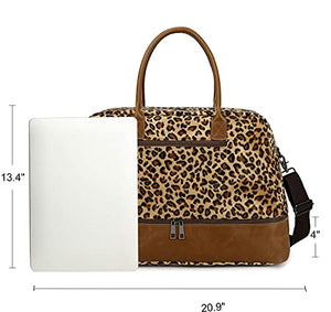 Bolsa de viaje para mujeres y mujeres con compartimento para zapatos y funda para equipaje, Marrón leopardo, M, Estampado de leopardo