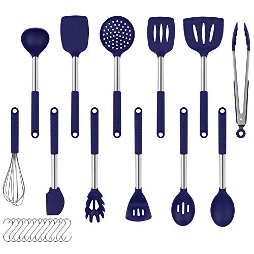 Juego de utensilios de cocina de silicona: 12 utensilios de cocina de silicona antiadherentes y resistentes al calor, y asas de acero inoxidable