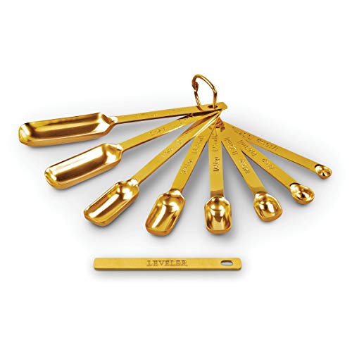 Cucharas medidoras doradas para hornear/cocinar, juego de 7 incluye nivelador, acero inoxidable de alta calidad, diseño estrecho y largo que cabe en tarros de especias
