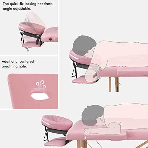 Mesa de masaje plegable, portátil, 2 secciones, para cama, spa, patas de madera, con bolsa de transporte, soporte para cabeza, reposabrazos, agujero para la cara, fácil instalación, ligera, altura ajustable de 24 a 33 pulgadas, color rosa