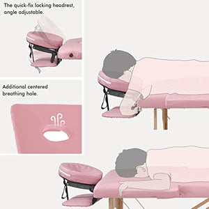 Mesa de masaje plegable, portátil, 2 secciones, para cama, spa, patas de madera, con bolsa de transporte, soporte para cabeza, reposabrazos, agujero para la cara, fácil instalación, ligera, altura ajustable de 24 a 33 pulgadas, color rosa