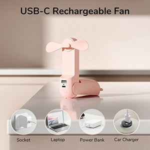 Miniventilador de mano recargable por USB con 14 – 21 horas, función de banco de energía, ventilador de escritorio portátil de bolsillo, plegable, dos velocidades, silencioso, función de linterna para mujeres y exteriores (rosa)
