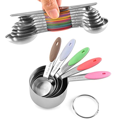 Juego de tazas medidoras y cucharas medidoras magnéticas, acero inoxidable, 5 tazas y 7 cucharas y 1 nivel (colorido juego de 13)