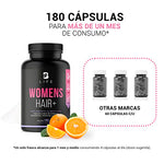 Vitaminas Cabello Mujer de 180 Cápsulas. Ingredientes naturales: Colágeno, L-Cisteina, L-Lisina, L-Metionina, Ácido Hialurónico, Biotina. Womens Hair B Life.