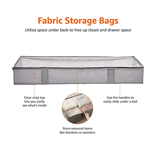 Amazon Basics - Bolsas de almacenamiento de tela para debajo de la cama con ventana y asas, paquete de 2, 18 x 42 x 6 pulgadas, color gris