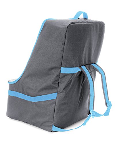 Adjustable, Padded Backpack for Car Seats — Car Seat Travel Tote — Save Money, Make Traveling Easier — Compatible with Most Name Brand Car Seats (Gray with Blue Trim)