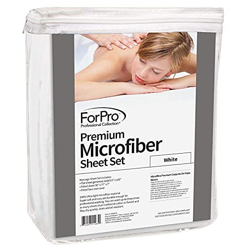 Juego de sábanas de masaje ForPro Premium de microfibra de 3 piezas, blancas, ultraligeras, resistentes a las manchas y las arrugas, incluye sábana plana de masaje, sábana bajera ajustable para masajes y funda de masaje pa