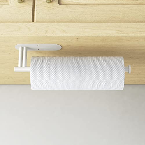 Soporte para toallas de papel para cocina, nuevo soporte de doble varilla autoadhesivo o perforado montado en la pared para toallas de papel, rollo debajo del gabinete, blanco