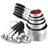 Vasos medidores:  Juego de vasos y cucharas medidoras de acero inoxidable 18/8 de 10 piezas, mango de grosor mejorado (negro)