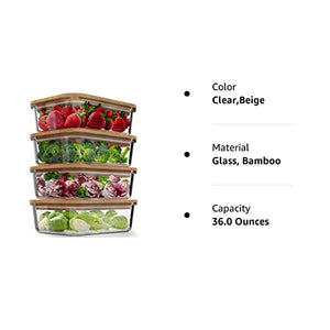 Recipientes de almacenamiento de alimentos de vidrio con tapas de bambú (4 unidades, 36 onzas) ecológicos para preparar comidas, herméticos, sin plástico, sin BPA