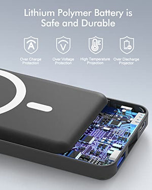 Cargador portátil inalámbrico, batería externa magnética de 10000 mAh con cable tipo C, visualización LED de 22.5 W PD de carga rápida, iluminación Mag-Safe para iPhone 14/13/12/Mini/Pro/Pro Max, negro