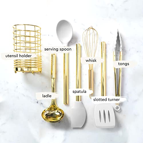 Juego de utensilios de cocina de silicona blanca y dorada con soporte, juego de 7 utensilios de cocina dorados que incluye batidor dorado, espátula dorada, utensilios de cocina blancos y soporte de utensilios dorados, accesorios de cocina dorados