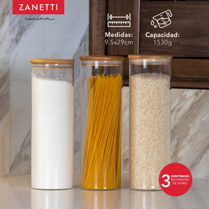 Zanetti - Juego de Recipientes Herméticos de Cristal con Tapa de Madera de Bambú para Almacenamiento de Alimentos (3 contenedores 29 cms)
