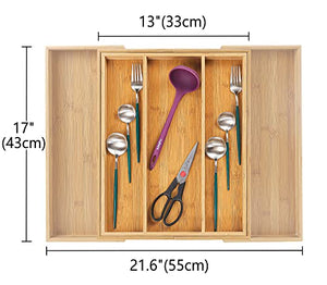 Organizador de cajones de cocina ampliable de bambú, soporte ajustable para utensilios y bandeja para cubiertos, divisor de cajones para cubiertos, cubiertos, cuchillos en cocina, dormitorio, sala de estar