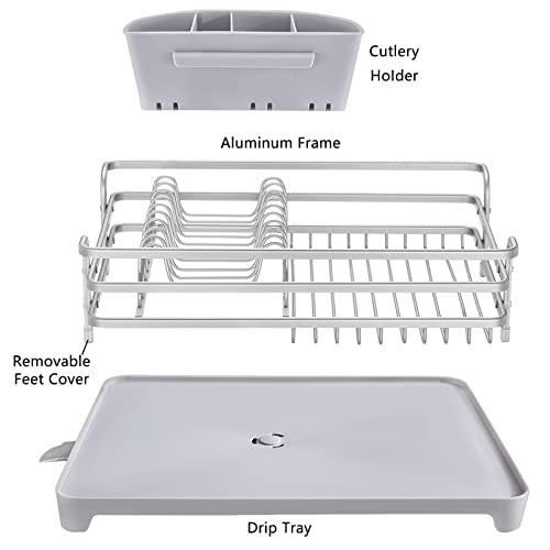 Escurridor de platos de aluminio, no se oxida, con soporte para utensilios, bandeja escurridora de plástico extraíble con boquilla giratoria ajustable (gris plateado)