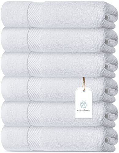 Toallas de mano blancas de lujo, algodón egipcio de círculo suave, colección de toallas de baño de spa de hotel, 16 x 30 pulgadas, juego de 6