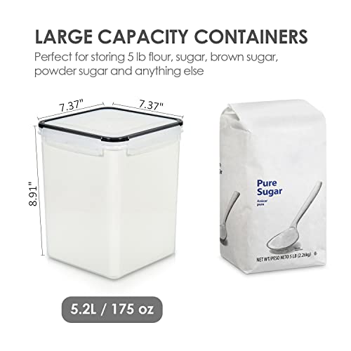 Recipientes grandes de almacenamiento de alimentos de 5.2 l / 176 onzas, 4 recipientes herméticos de plástico sin BPA para harina, azúcar, suministros para hornear, con 4 tazas medidoras y 24 etiquetas, color negro