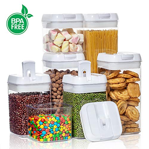 Contenedores herméticos de almacenamiento de alimentos, 7 recipientes de plástico sin BPA con tapas de fácil bloqueo, para organización y almacenamiento de despensa de cocina, incluye 24 etiquetas