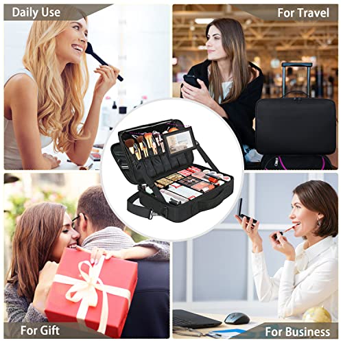 Bolsa grande de maquillaje de viaje, bolsa de maquillaje profesional con espejo, bolsa organizadora de cosméticos impermeable con divisor ajustable, bolsa de almacenamiento portátil de 42 cm para mujer, color negro