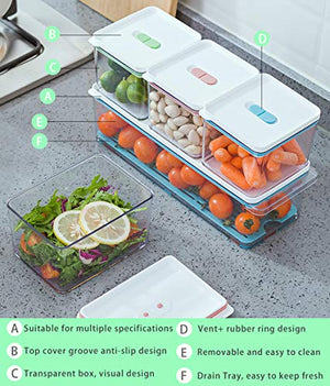 Recipientes de plástico para almacenamiento de alimentos con tapas, juego de 6 piezas apilables para refrigerador, a prueba de fugas, para frutas, verduras, huevo de carne, Transparente, Azul