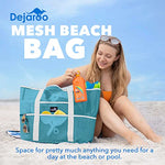 Bolsa de playa de malla, bolsa ligera para juguetes y artículos esenciales de día festivo, Azul menta con asas blancas, Large