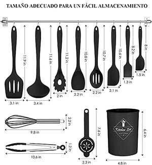 Juego de utensilios de cocina, juego de utensilios de cocina con soporte, utensilios de silicona para cocinar, juego de espátula de cocina para hornear antiadherente y resistente a altas temperaturas (12 P, negro)