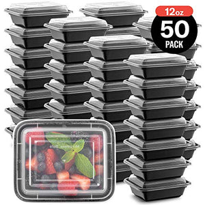 Paquete de 50 recipientes de plástico pequeños para preparación de comidas y tapas para preparación de comidas, rectangulares, color negro, reutilizables, sin BPA, grado alimenticio, apto para congelador, lavaplatos, calidad premium
