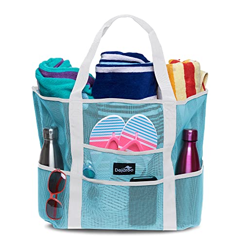 Bolsa de playa de malla, bolsa ligera para juguetes y artículos esenciales de día festivo, Azul menta con asas blancas, Large