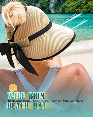 FURTALK Sombreros de sol para mujer, visera de playa de ala ancha con agujero para cola de caballo, UPF UV, plegable, gorra plegable para viajes, Caqui, M-L