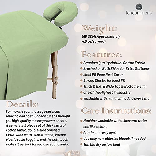 London Linens Juego de sábanas de mesa de masaje de 3 piezas, 100% franela de algodón natural, incluye funda de mesa de masaje, sábana bajera de masaje y funda de descanso facial de masaje (verde salvia)