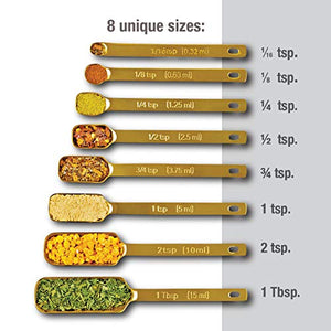 Cucharas medidoras doradas para hornear/cocinar, juego de 7 incluye nivelador, acero inoxidable de alta calidad, diseño estrecho y largo que cabe en tarros de especias