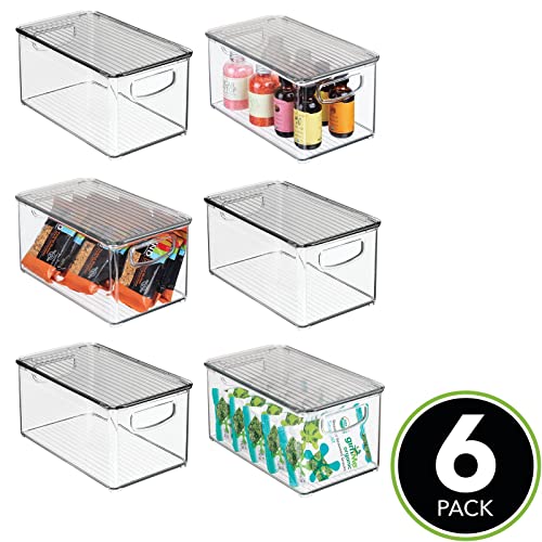 Juego de 6 cajas para almacenaje con tapa – Organizador de frigorífico apilable para guardar alimentos – Contenedor de plástico sin BPA para el armario o la nevera – transparente y gris