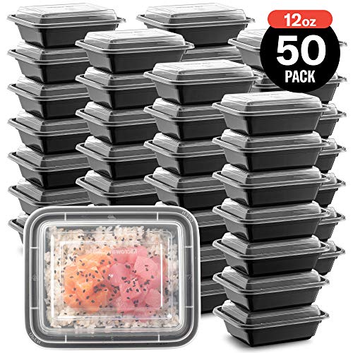 Paquete de 50 recipientes de plástico pequeños para preparación de comidas y tapas para preparación de comidas, rectangulares, color negro, reutilizables, sin BPA, grado alimenticio, apto para congelador, lavaplatos, calidad premium