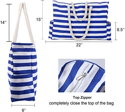 Bolsa de Playa Grande con Cremallera 22 x 15 x 6 Pulgadas Rayas marítimas Azul Blanco Shopper Bolsa de Hombro Bolsas de Transporte