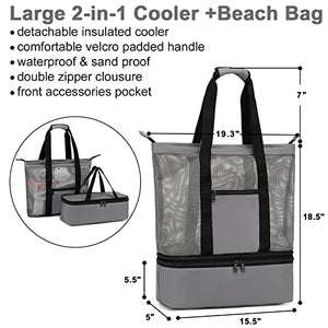 Bolsa de playa de malla con enfriador aislado, bolsas de piscina desmontables para mujer, Gris 2, X-Large