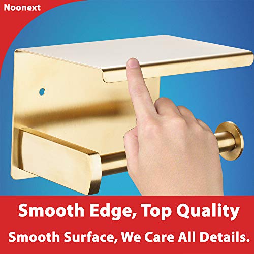 Portarrollos de papel higiénico adhesivo con estante, acero inoxidable SUS304 soporte para rollo de papel higiénico, color dorado cepillado, sin taladrar o montar en la pared con tornillos