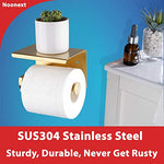 Portarrollos de papel higiénico adhesivo con estante, acero inoxidable SUS304 soporte para rollo de papel higiénico, color dorado cepillado, sin taladrar o montar en la pared con tornillos