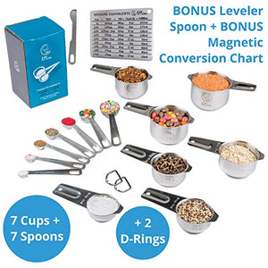 Stainless Steel Measuring Cups and Spoons Set: 7 Cup and 7 Spoon Metal Sets of 14 for Dry Measurement - Home Kitchen Gadget, Tool & Utensils for Cooking & Baking - Perfect Wedding or Housewarming Gift