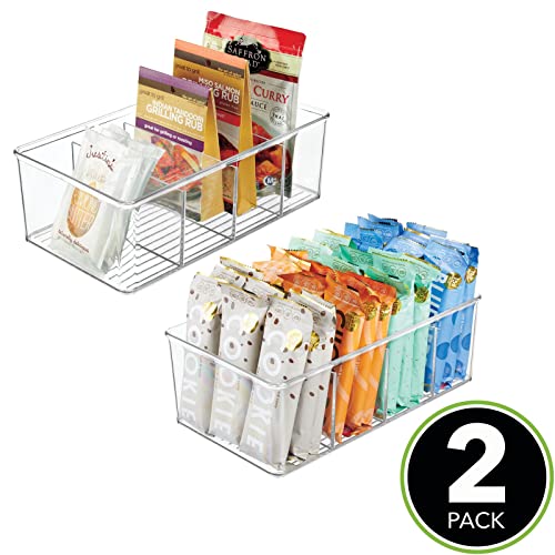 Juego de 2 Cajas de almacenaje – Caja organizadora apilable con 4 Compartimentos para Guardar Alimentos – Moderno Organizador de Cocina para Sobres de Sopa, Especias, etc. – Transparente
