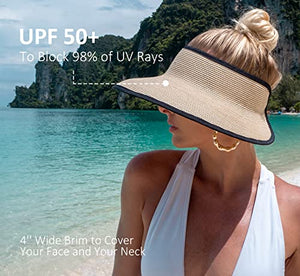 Joywant UPF50+ - Sombrero de visera de ala ancha para mujer, sombrero de paja para playa, visera enrollable, cola de caballo plegable con protección UV, -Amia, Beige, Talla única