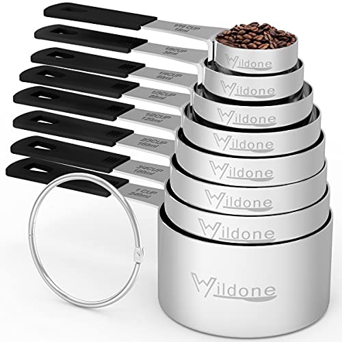 Wildone - Juego de 18 tazas medidoras de acero inoxidable, 8 piezas y 9 cucharas medidoras, 1 nivelador, ideal para ingredientes secos y líquidos (negro)