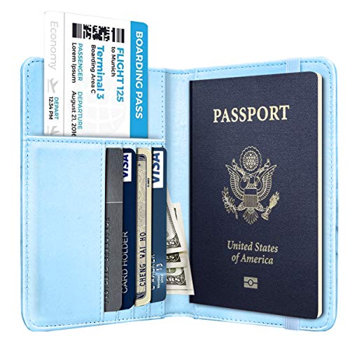 Funda para pasaporte de viaje con bloqueo RFID para pasaporte, color oro rosa, lindas flores, portafolios para pasaporte con banda elástica para mujer, azul Marble, Pequeño, Casual