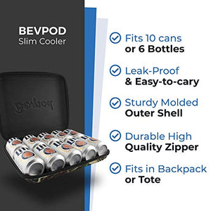 BevPod - Refrigerador ultra delgado - A prueba de fugas 3 x 11 x 14 Pequeño enfriador para 10 latas o 6 botellas - Refrigerador portátil sin isla para picnic, senderismo, camping, playa, viajes, parque, correa para el hombro y sábana de hielo incl.