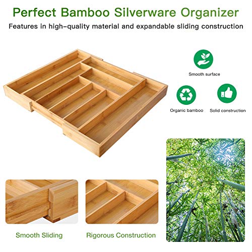 Organizador de cajones expandible de bambú para soporte de utensilios, bandeja de cubiertos ajustable, organizador de cajones de madera para cubiertos, cubiertos, cuchillos en cocina, dormitorio, sala de estar