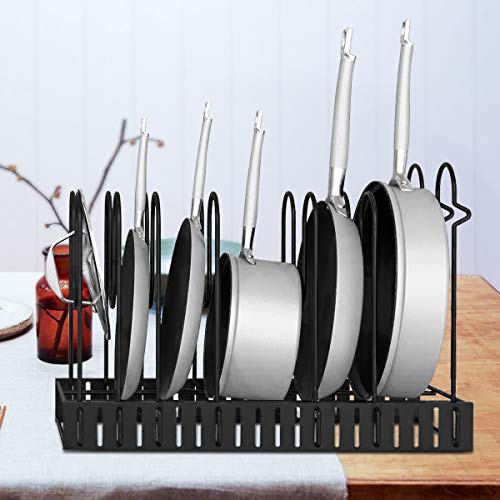 Organizador de ollas y cacerolas ajustable con gancho, soporte de metal negro para armario de cocina, 3 métodos de bricolaje (negro)
