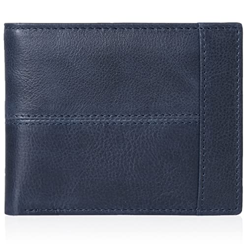 portafolios de bolsillo frontal para hombre – portafolios plegable de piel con bloqueo RFID con ventana de identificación, Marino, Pequeño